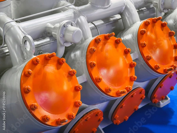 Fototapeta Colorful industrial valves on machinery at a manufacturing facility showcasing advanced engineering and technology