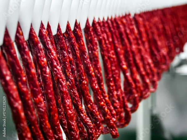Fototapeta Cured sausage hanging in a food processing facility during daylight hours