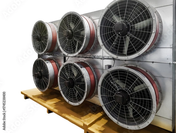 Fototapeta Industrial cooling system with large exhaust fans installed on a wooden platform for ventilation applications