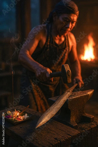 Obraz Master smith hammers patterned kris blade on anvil; incense and flame glow highlight sacred craftsmanship and devotion — generative AI
