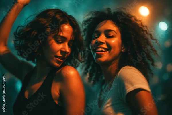 Fototapeta Two friends dancing and smiling under teal-orange lights—joyful nightlife portrait. generative AI