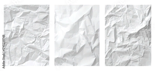 Fototapeta Three sheets of heavily crumpled white paper are framed in black borders, showing texture