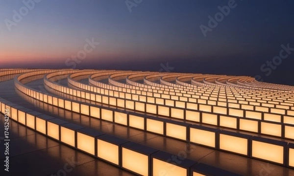 Fototapeta A modern architectural detail features glowing rectangular forms arcing into distance, gradient sky