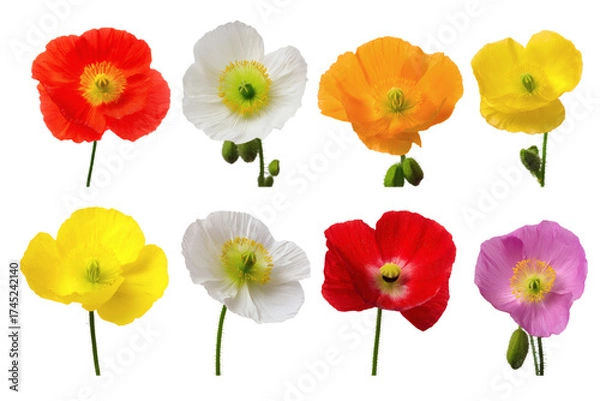 Obraz A vibrant collection of eight colorful poppy flowers in full bloom. Isolated on transparent background, png