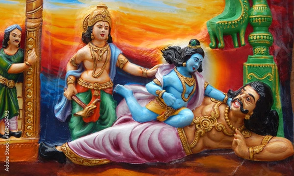 Fototapeta Wall art of Sri Krishna kill kamsa ,tyrant ruler of Vrishni kingdom as in Mahabharata in a temple