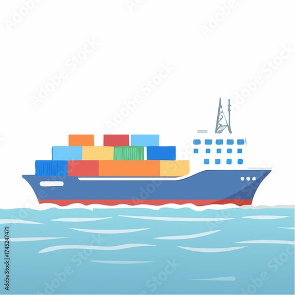 Fototapeta Container ship loaded with colorful cargo sailing on blue ocean waters, representing global logistics and maritime transport