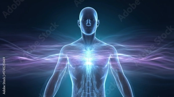 Fototapeta A translucent human silhouette glowing from within, energy waves emanating from the chest