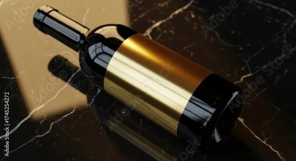 Fototapeta Dark glass wine bottle with gold label on black marble surface image
