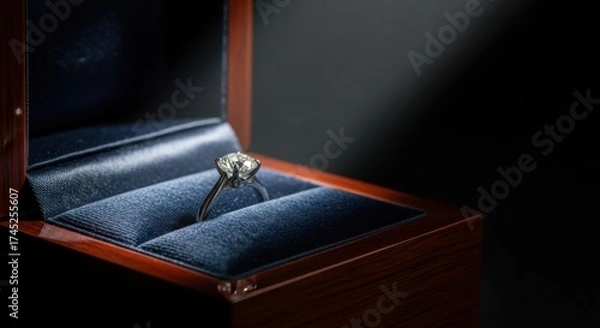 Fototapeta Diamond engagement ring in open wooden box with blue velvet lining illuminated by spotlight diamond ring