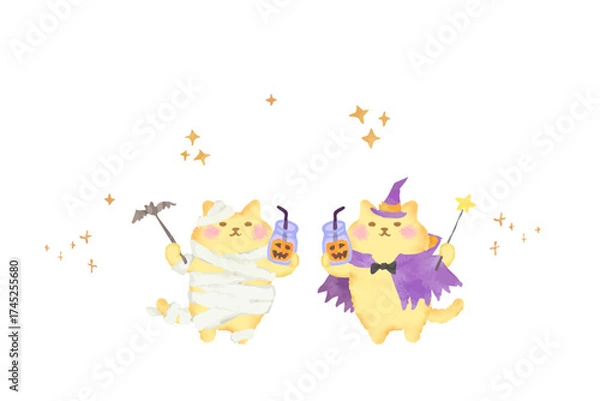Fototapeta ハロウィン・仮装してパンプキンジュースを持つ可愛い猫のベクターイラスト素材／水彩風