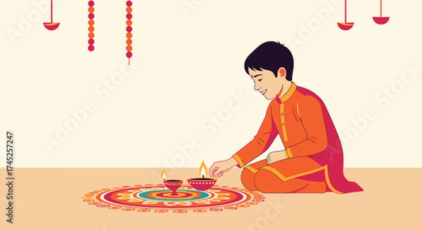 Fototapeta Celebrating Diwali Festival of Lights with Traditional Rituals, Elegant Rangoli Design, Diyas, and Cultural Attire for Joyous Cultural Festivities and Religious Observances