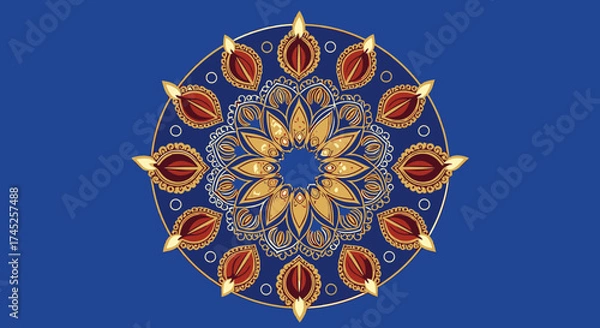 Fototapeta Elegant Traditional Mandala Design with Intricate Gold and Red Elements on Deep Blue Background, Symbolizing Spirituality, Cultural Heritage, Meditation, and Artistic Expression for Decor and