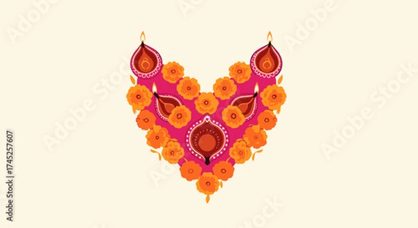 Fototapeta Intricate Heart-Shaped Colored Clay Oil Lamp Design Adorned with Bright Marigold Flowers for Cultural Celebrations, Festivals, and Traditional Decoration, Perfect for Festive Events and Cultural