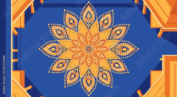 Fototapeta Intricate Mandala Pattern with Gold Detailing on Deep Blue Background for Meditation, Spirituality, and Cultural Artistic Decor in Sacred Space Design Elements