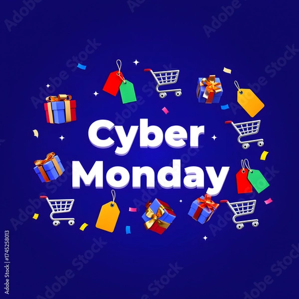Obraz Cyber Monday Celebration Banner with Shopping Icons and Confetti