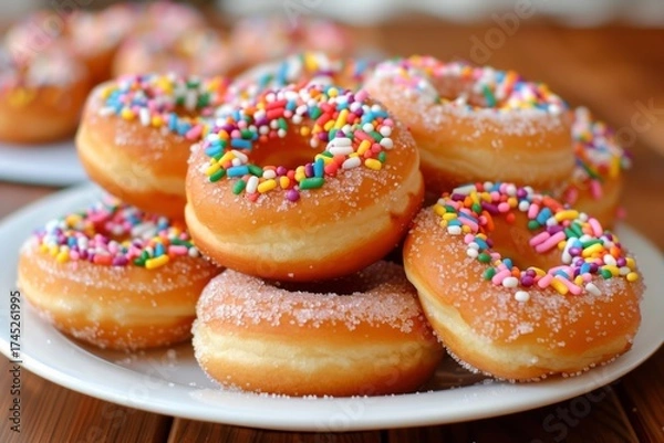 Fototapeta Donuts with sprinkles on white plate in soft light. AI generated