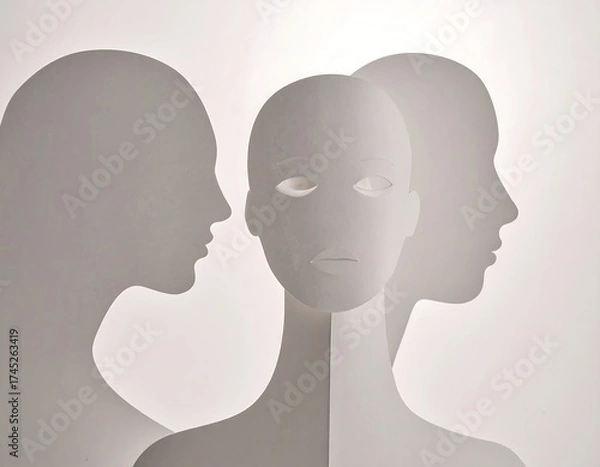 Fototapeta Three profile silhouettes of heads, creating a sense of observation and introspection. Light and shadow play against a white background, emphasizing the emotional nuance of the central figure