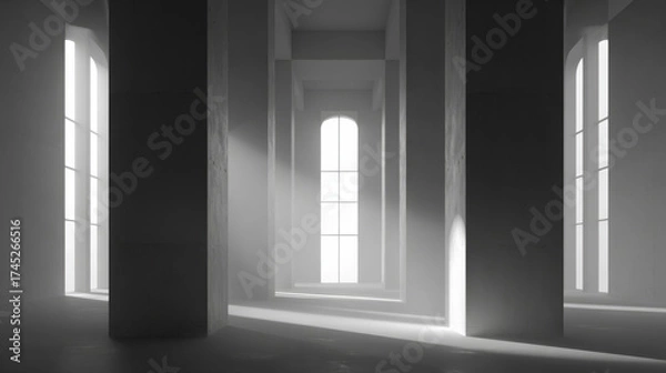 Fototapeta Minimalist interior featuring three tall white columns with arched windows, soft light illuminating the space, creating a calm and elegant atmosphere.
