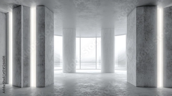 Fototapeta Spacious concrete room with tall columns and large windows, showcasing a minimalist design and city views, perfect for creative projects.