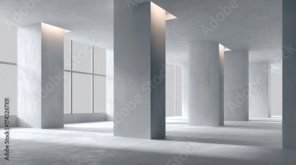 Fototapeta Spacious concrete room with tall columns and large windows, showcasing a minimalist design and city views, perfect for creative projects.