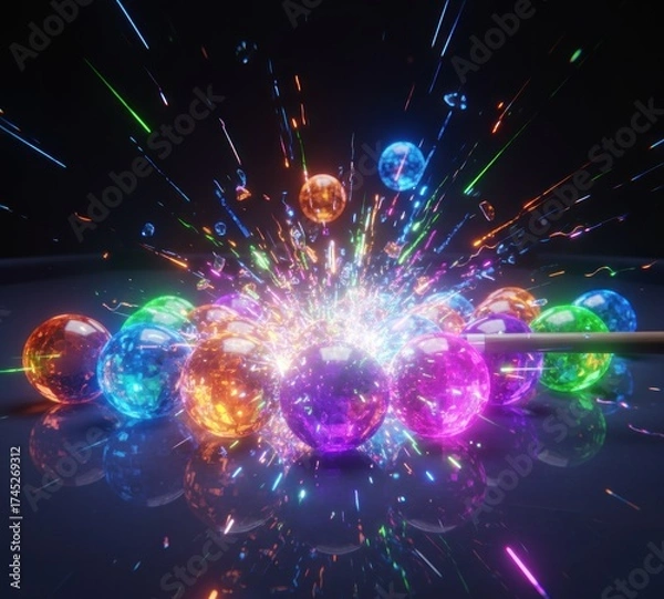 Fototapeta Colorful pool balls shattering with vibrant, sparkling energy on a reflective surface