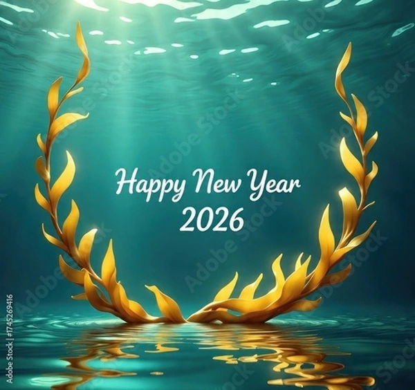 Fototapeta Digital artwork depicts underwater scene with "Happy New Year 2026" surrounded by stylized kelp