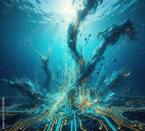 Fototapeta Digital circuitry bursts upwards from the seabed, entwined with organic formations