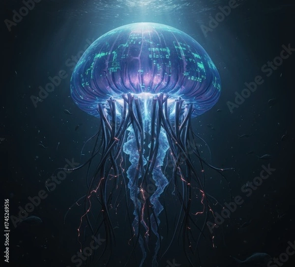 Fototapeta Digital jellyfish swims in deep sea, glow emits light and lines. Detailed design