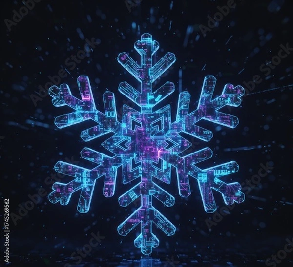 Fototapeta Digital snowflake graphic with intricate circuitry design and glowing blue and purple hues on dark background