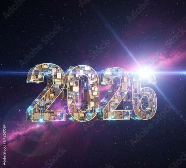 Fototapeta Digitally crafted 2026 number set with circuit board design set against cosmic background