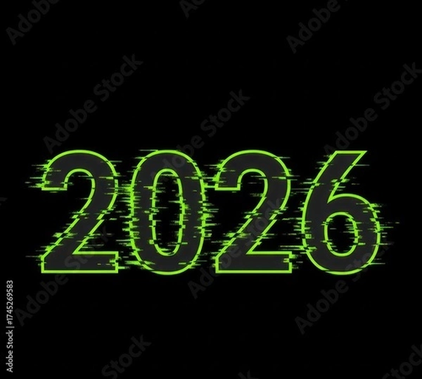 Fototapeta Digitally distorted "2026" in green on black background