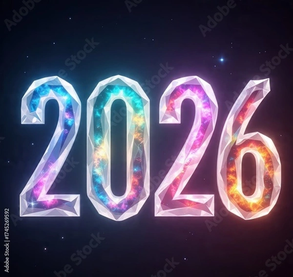 Fototapeta Digitally rendered, gem-like 2026, filled with vibrant nebula effect, set against a starfield
