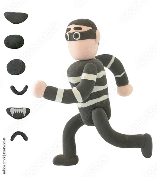 Obraz Plasticine Thieve or crime in running action on white background