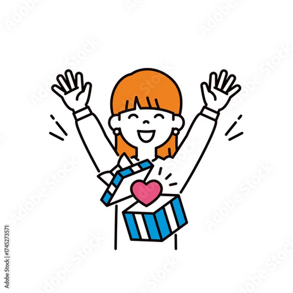 Fototapeta チャンスを掴んでバンザイして喜ぶ、若い女性のシンプルな上半身ベクターイラスト素材