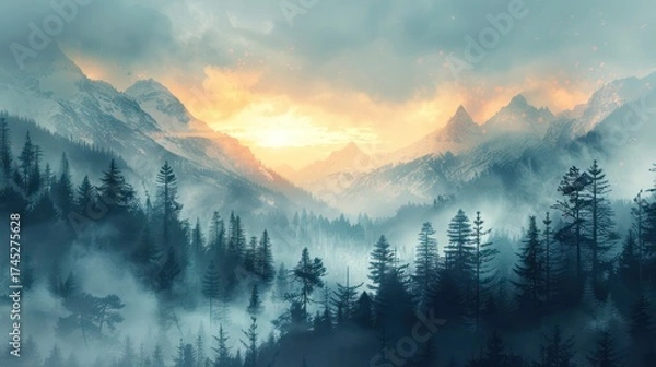 Fototapeta A serene mountain landscape at sunset, enveloped in mist and surrounded by towering trees.