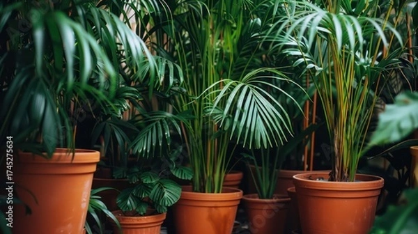Fototapeta A collection of lush green plants in terracotta pots, creating a vibrant indoor garden atmosphere.
