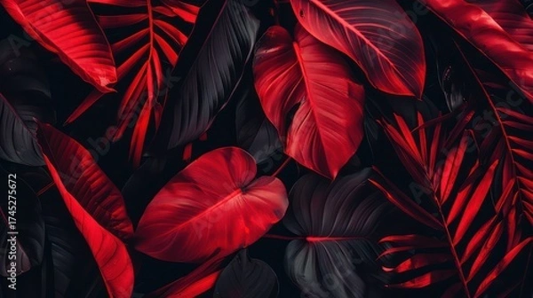 Fototapeta A vibrant composition of red and black leaves creating a striking visual contrast.
