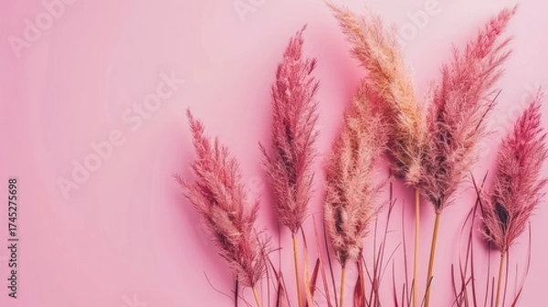 Fototapeta Aesthetic arrangement of pink pampas grass against a soft pink background, creating a vibrant and trendy look.