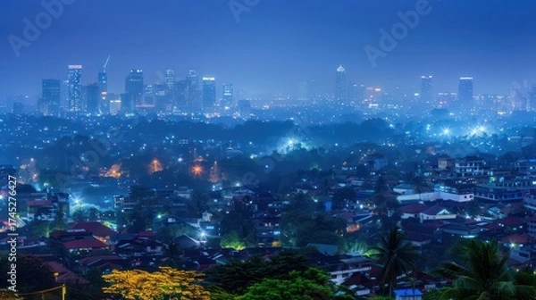 Fototapeta A serene cityscape at twilight, showcasing urban lights and a misty atmosphere.