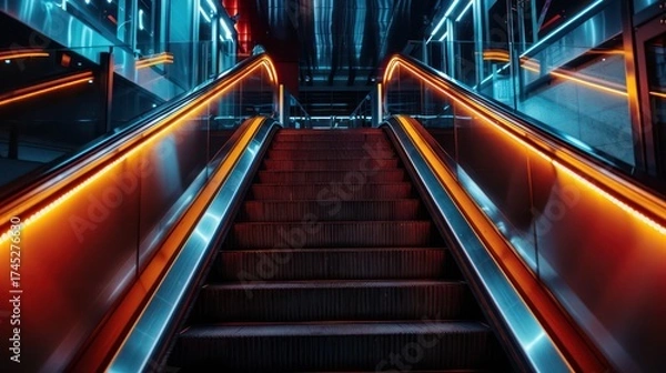 Fototapeta A vibrant escalator illuminated with orange and blue lights, leading upwards in a modern urban setting.