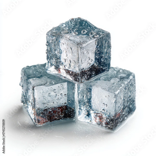 Fototapeta Close-up of Transparent Ice Cubes with Water Droplets on a White Background
