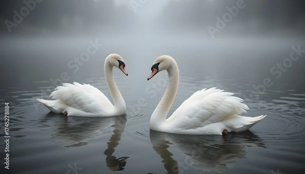 Fototapeta two swans are swimming in a lake with fog landscape background,