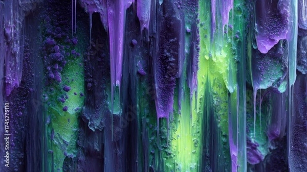 Fototapeta Vivid abstract dripping paint in purple and green neural network AI generated