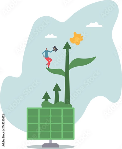 Fototapeta Green sprouts on a solar panel. The concept of electricity generation.alternative energy and cost-effectiveness.