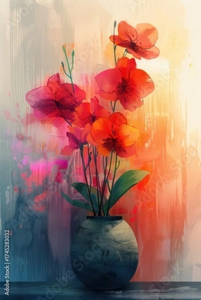 Fototapeta A vibrant vase of orange orchids against a colorful background, showcasing floral beauty and artistic expression.