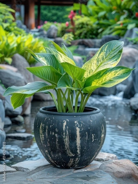 Fototapeta A decorative plant in a black pot beside a tranquil water feature, enhancing the natural beauty of the environment.