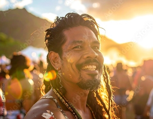 Obraz Smiling man with dreadlocks in warm sunlight