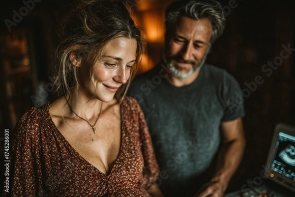 Fototapeta Husband holding wife’s hand during home pregnancy check. Generative AI