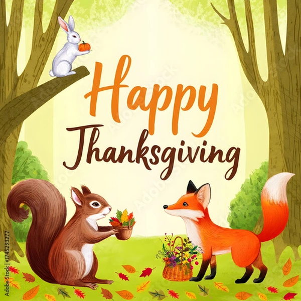 Obraz Thanksgiving Basket with Dried Flowers and Festive Sign on Wooden Surface