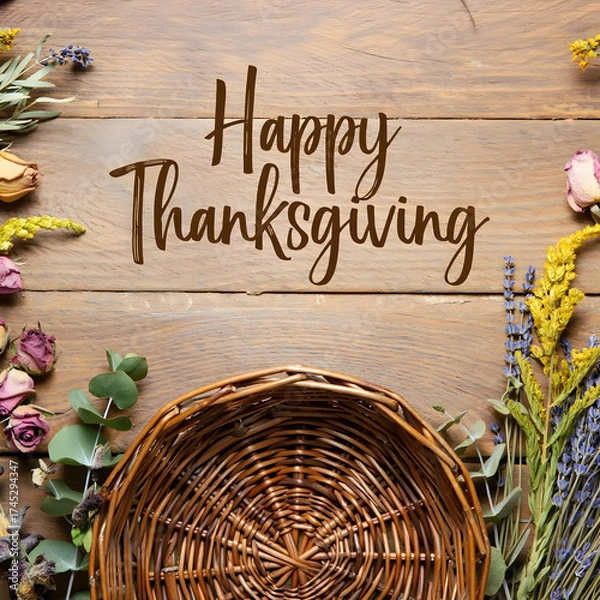 Obraz Thanksgiving Basket with Dried Flowers and Festive Sign on Wooden Surface